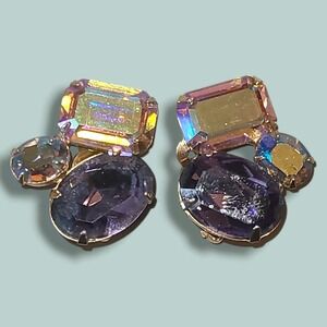 Vintage Aurora Borealis‎ Rhinestone Clip On Earrings